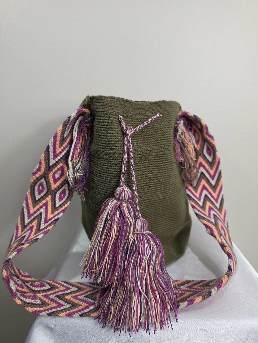 Olive Green Crochet Tassel Bucket Shoulder Bag with Multicolor Strap